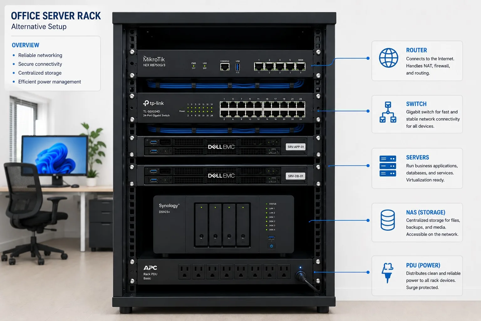 Office server rack setup showing router, switch, servers, NAS storage and power management