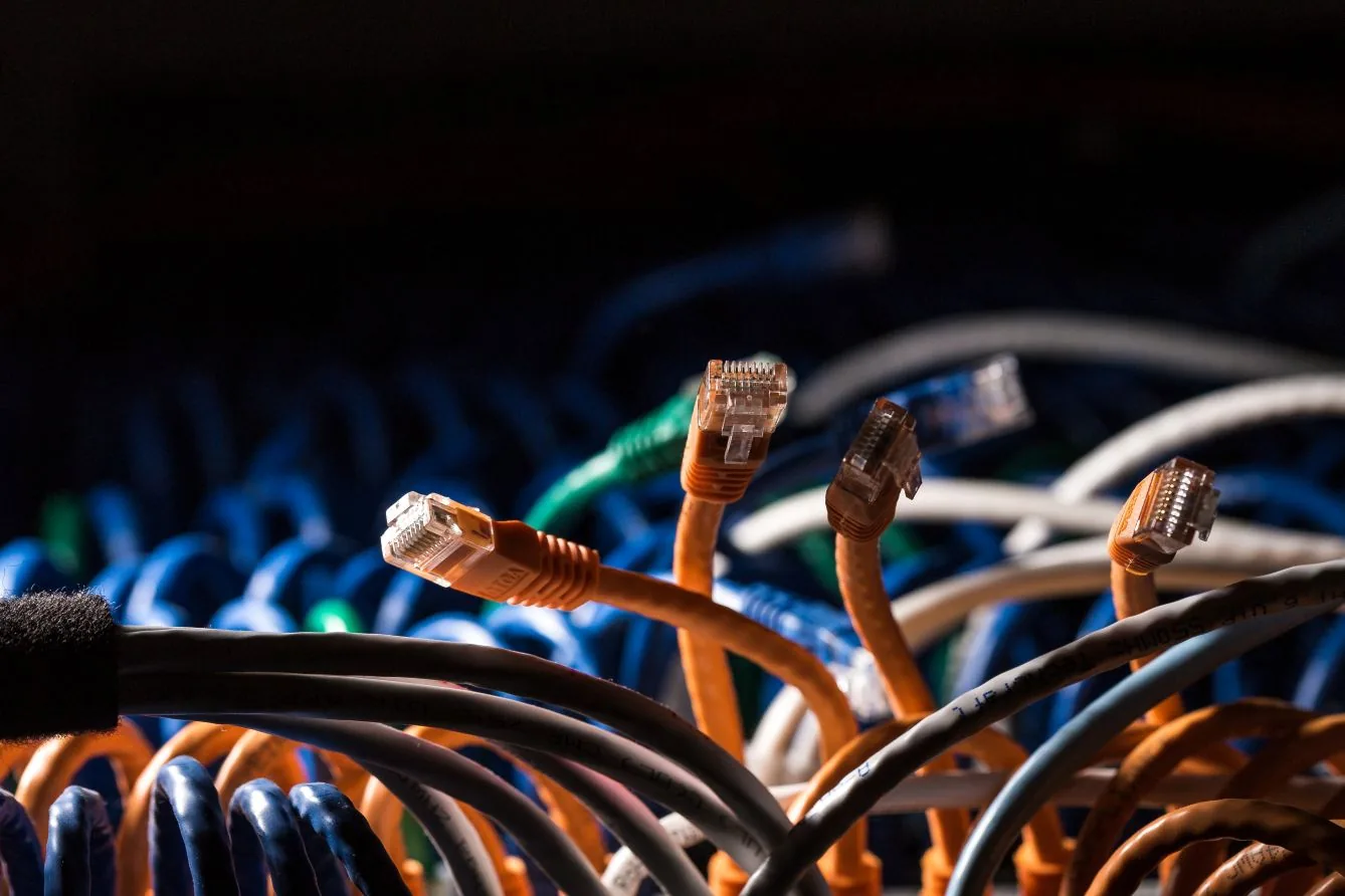 Patch cables connected to a network switch in a small business comms cabinet